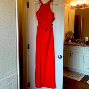 NWT bebe red/orange maxi dress with halter tie neck